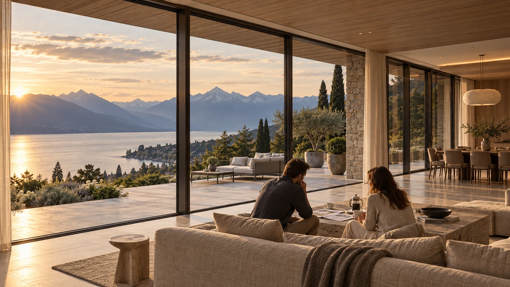 Un couple échange autour de son projet dans un salon ouvert sur le lac